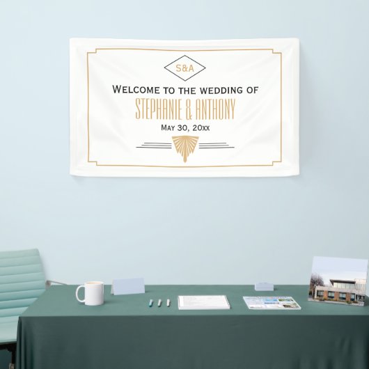 Monogram Black, Gold und White Art Deco Hochzeit Banner (Messeveranstaltung)