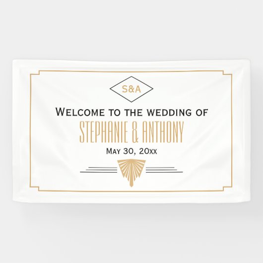 Monogram Black, Gold und White Art Deco Hochzeit Banner (Horizontal)