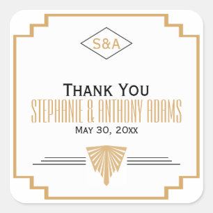 Monogram Black, Gold und White Art Deco Hochzeit Quadratischer Aufkleber