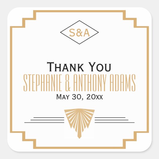 Monogram Black, Gold und White Art Deco Hochzeit Quadratischer Aufkleber (Vorderseite)