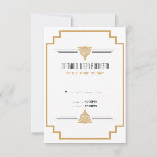 Monogram Black, Gold und White Art Deco Hochzeit RSVP Karte
