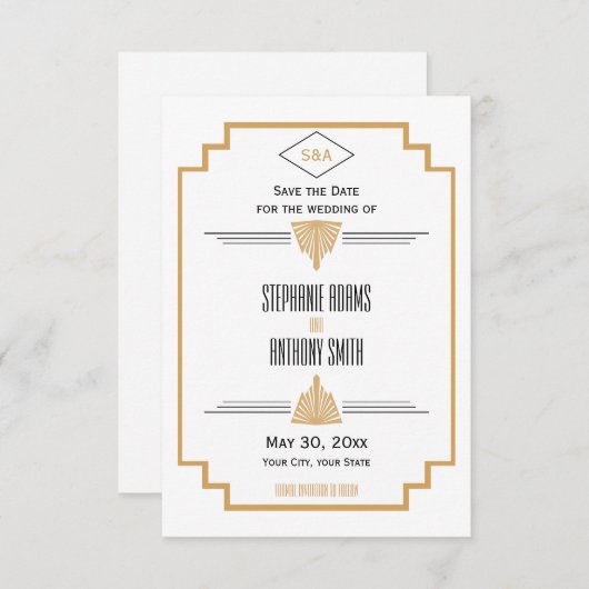 Monogram Black, Gold und White Art Deco Hochzeit Save The Date (Vorne/Hinten)