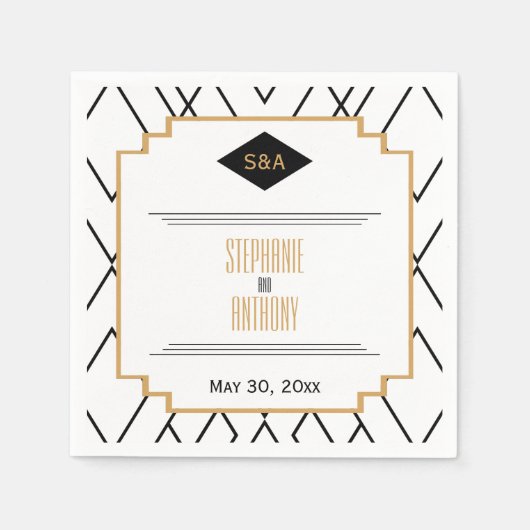 Monogram Black, Gold und White Art Deco Hochzeit Serviette (Vorderseite)