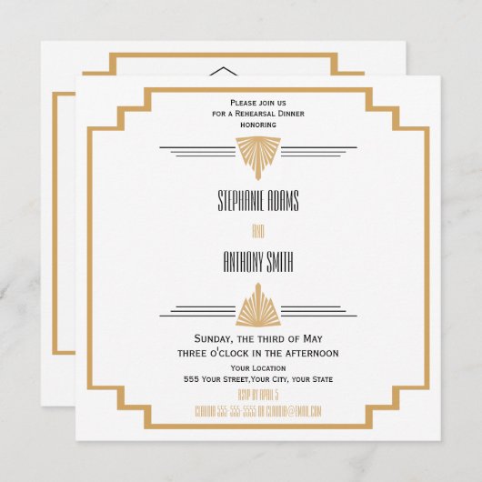 Monogram Black, Gold und White Art Deco Probe Einladung (Vorne/Hinten)