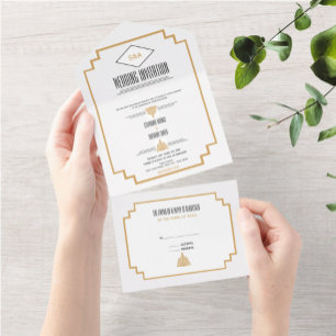 Monogram Black, Gold und White Art Deco Wedding Al All In One Einladung