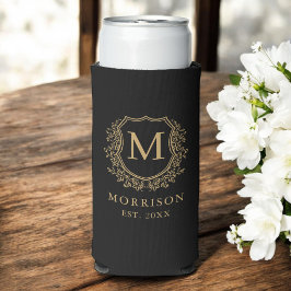Monogram Black Gold Wappen Botanical Wedding Selters Dosenkühler