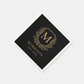 Monogram Black Gold Wappen Botanical Wedding Serviette (Ecke)