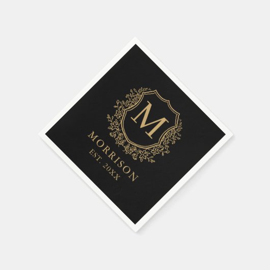 Monogram Black Gold Wappen Botanical Wedding Serviette (Ecke)