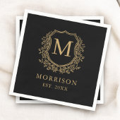 Monogram Black Gold Wappen Botanical Wedding Serviette