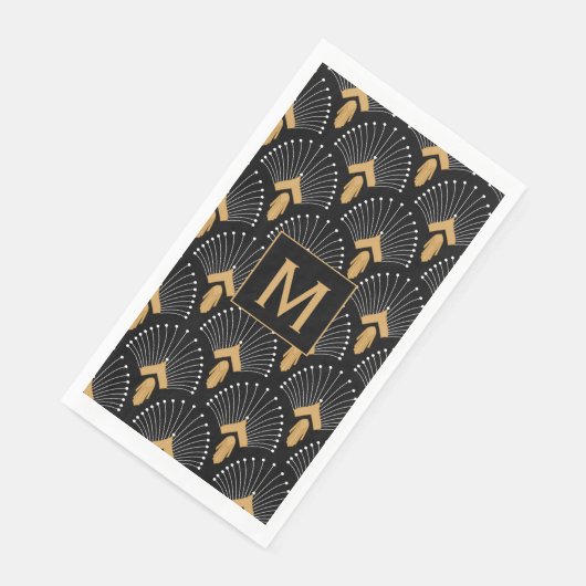 Monogram Black, Gold, White Art Deco Blume Serviette (Ecke)