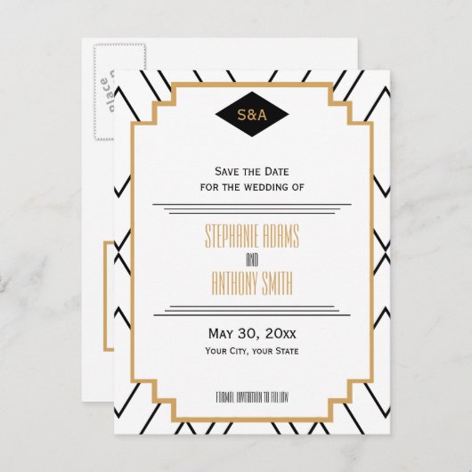 Monogram Black, Gold, White Art Deco Save the Date Ankündigungspostkarte (Vorne/Hinten)