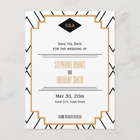 Monogram Black, Gold, White Art Deco Save the Date Ankündigungspostkarte (Vorderseite)