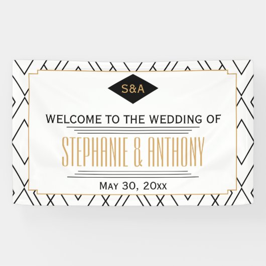 Monogram Black, Gold, White Art Deco Wedding Banner (Horizontal)