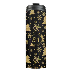 Monogram Black Golden Christmas Tree Snowflakes Thermosbecher
