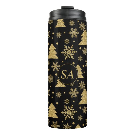 Monogram Black Golden Christmas Tree Snowflakes Thermosbecher (Vorderseite)