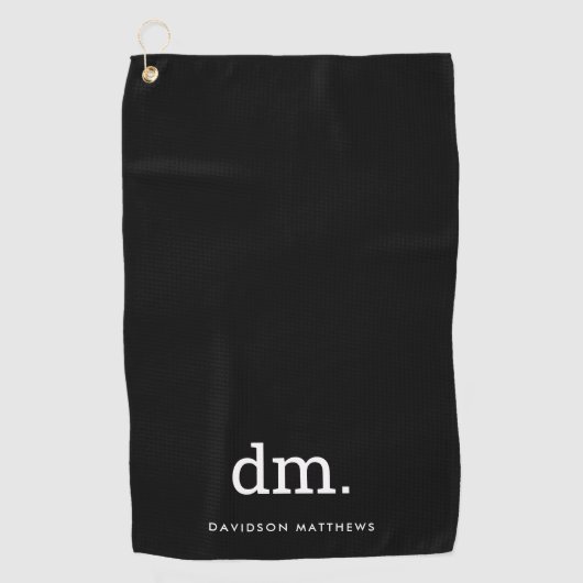 Monogram Black Golf Handtuch mit weißem Text (Vorderseite)