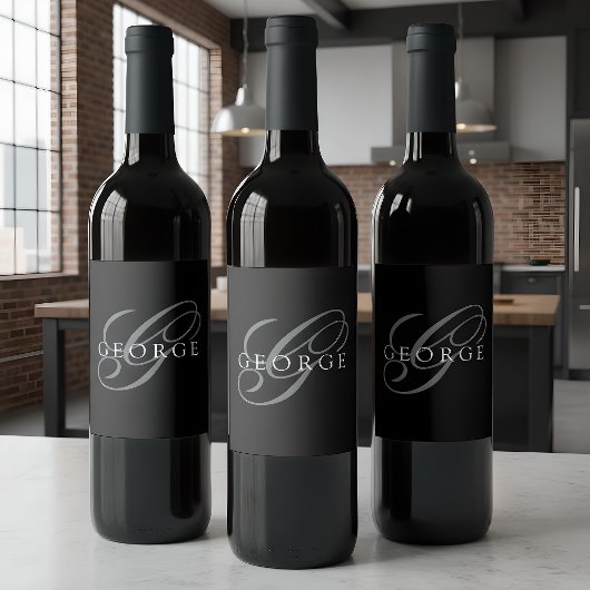 Monogram Black Gray Initial Script Name Weinetikett