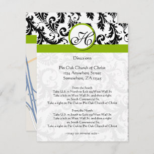 Monogram Black & Green Damask Richtungskarte Einladung