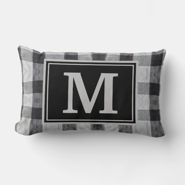 Monogram Black Kariert Family Initial Throw Pillow Lendenkissen (Vorderseite)