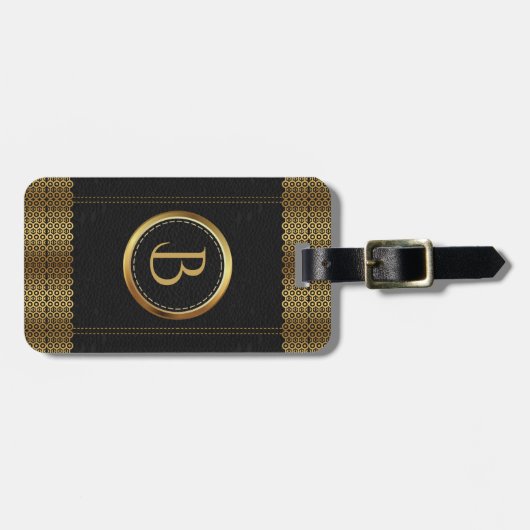 Monogram Black Leather Gold Border Gepäckanhänger (Vorderseite horizontal)