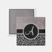 Monogram Black Leopard Silber Glitzer Magnet (Vorderseite/Rückseite)