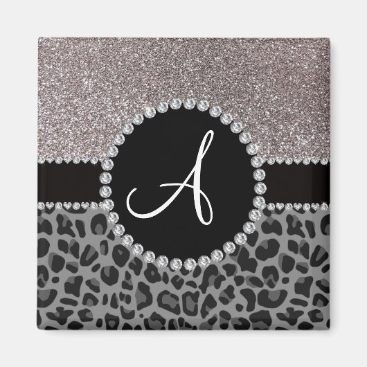 Monogram Black Leopard Silber Glitzer Magnet (Vorne)