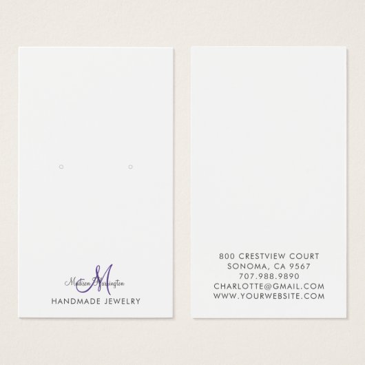 Monogram Black Lila Violet Earring Display Card (Vorne & Hinten)
