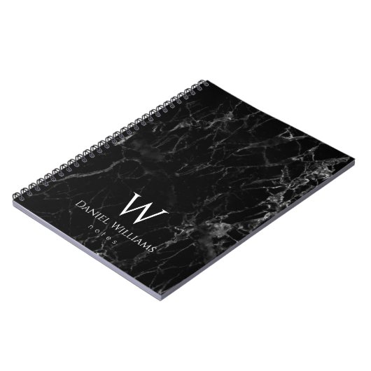 Monogram Black Marble Modern White Initial & Name Notizblock (Linke Seite)