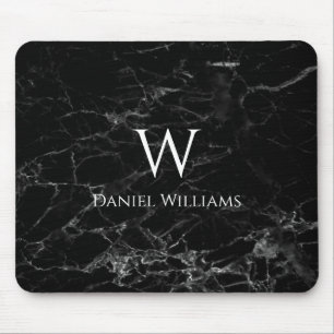 Monogram Black Marble White Name Moderne Elegant Mousepad
