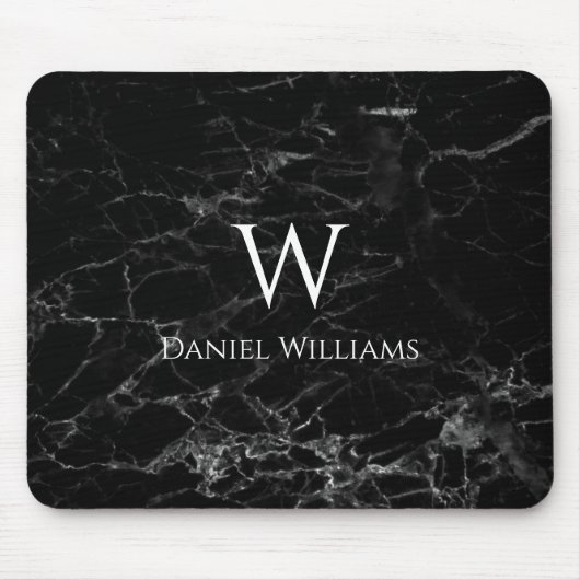 Monogram Black Marble White Name Moderne Elegant Mousepad (Vorne)