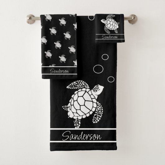 Monogram Black n White Sea Turtle Nautic Badhandtuch Set (Insitu)