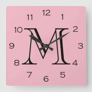 Monogram Black Numbers On Pink wccn Quadratische Wanduhr