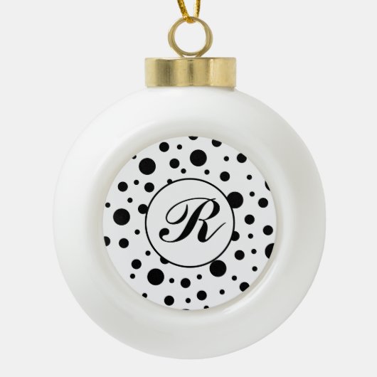 Monogram Black on White Polka Dot Pattern Keramik Kugel-Ornament (Vorderseite)