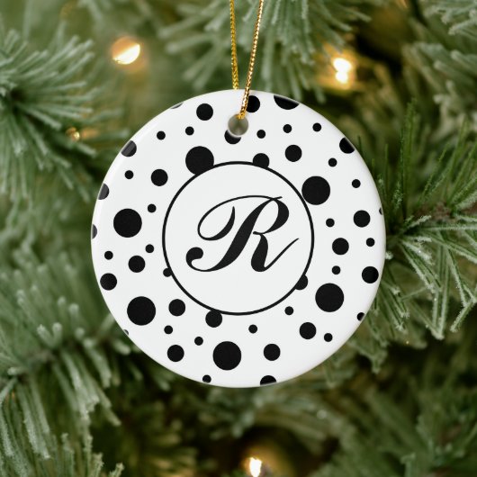 Monogram Black on White Polka Dot Pattern Keramik Ornament (Baum)