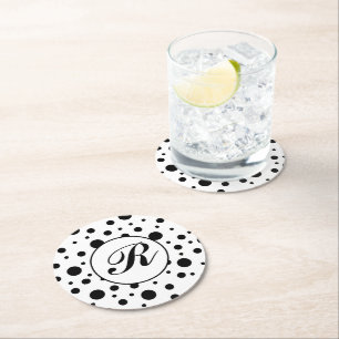 Monogram Black on White Polka Dot Pattern Runder Pappuntersetzer