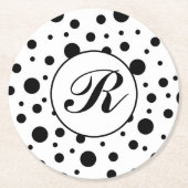 Monogram Black on White Polka Dot Pattern Runder Pappuntersetzer (Vorderseite)