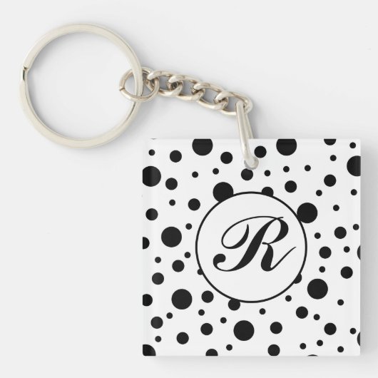 Monogram Black on White Polka Dot Pattern Schlüsselanhänger (Vorderseite)