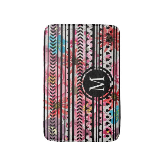 Monogram Black Pink Blue Aztec Floral Pattern Badematte (Vorderseite Vertikal)