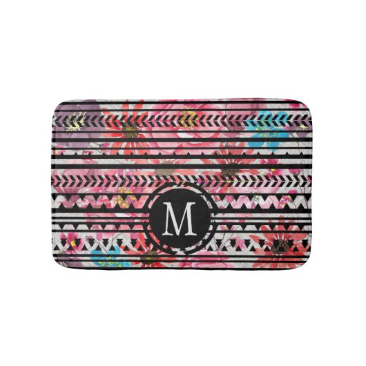 Monogram Black Pink Blue Aztec Floral Pattern Badematte (Vorderseite)