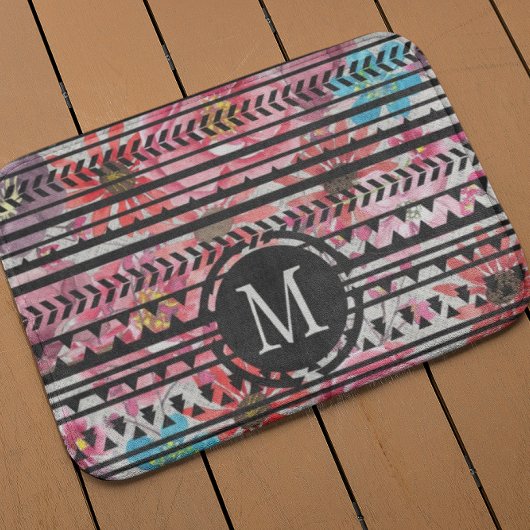 Monogram Black Pink Blue Aztec Floral Pattern Badematte