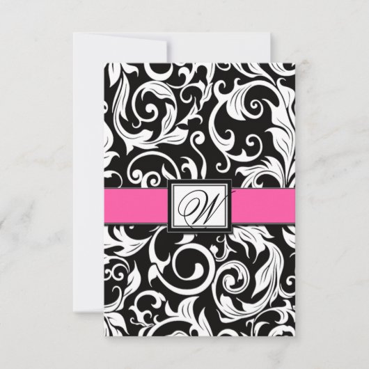 Monogram Black & Pink Damask Wedelkarten RSVP Kart Karte (Vorderseite)