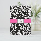 Monogram Black & Pink Damask Wedelkarten RSVP Kart Karte (Stehend Vorderseite)