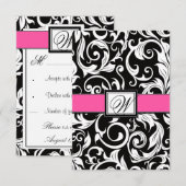 Monogram Black & Pink Damask Wedelkarten RSVP Kart Karte (Vorne/Hinten)