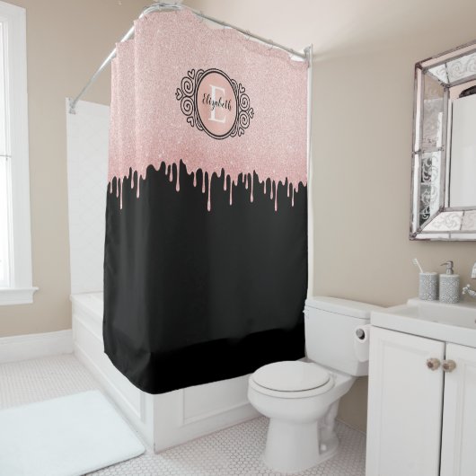 Monogram Black Pink Funkelnd Glitzer Tropfen Duschvorhang (Beispiel)