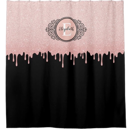 Monogram Black Pink Funkelnd Glitzer Tropfen Duschvorhang (Vorderseite)