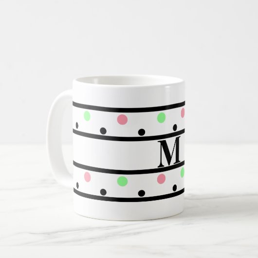 Monogram Black Pink Green Polka Dots Kaffeetasse (Vorderseite Links)