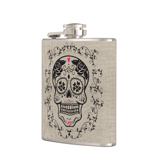 Monogram Black & Pink Sugar Skull auf Burlap Flachmann (Links)