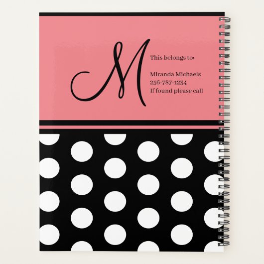 Monogram, Black Pink White Polka Dots Script Planer (Rückseite)