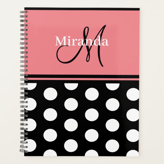 Monogram, Black Pink White Polka Dots Script Planer (Vorderseite)