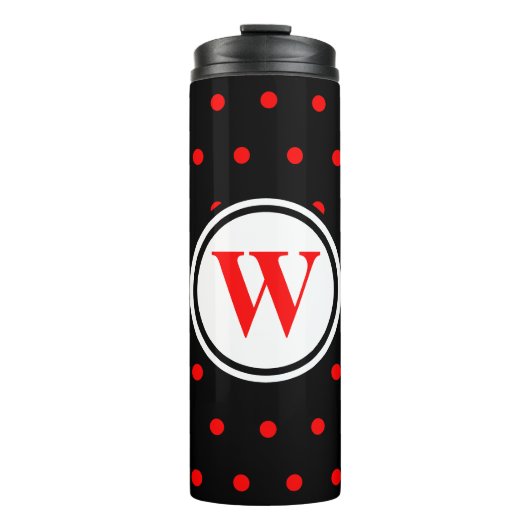 Monogram Black Red Polka Dots Thermosbecher (Vorderseite)